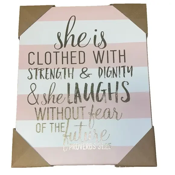 Proverbs 31:25 Pink & White with Gold Writing Canvas Decor - Picture 1 of 3